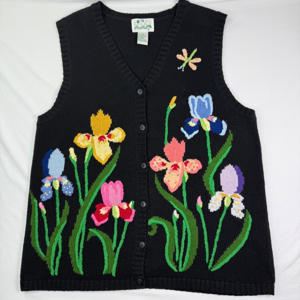 Quacker Factory Women Black Floral Iris Beaded Knit Sweater Vest Medium